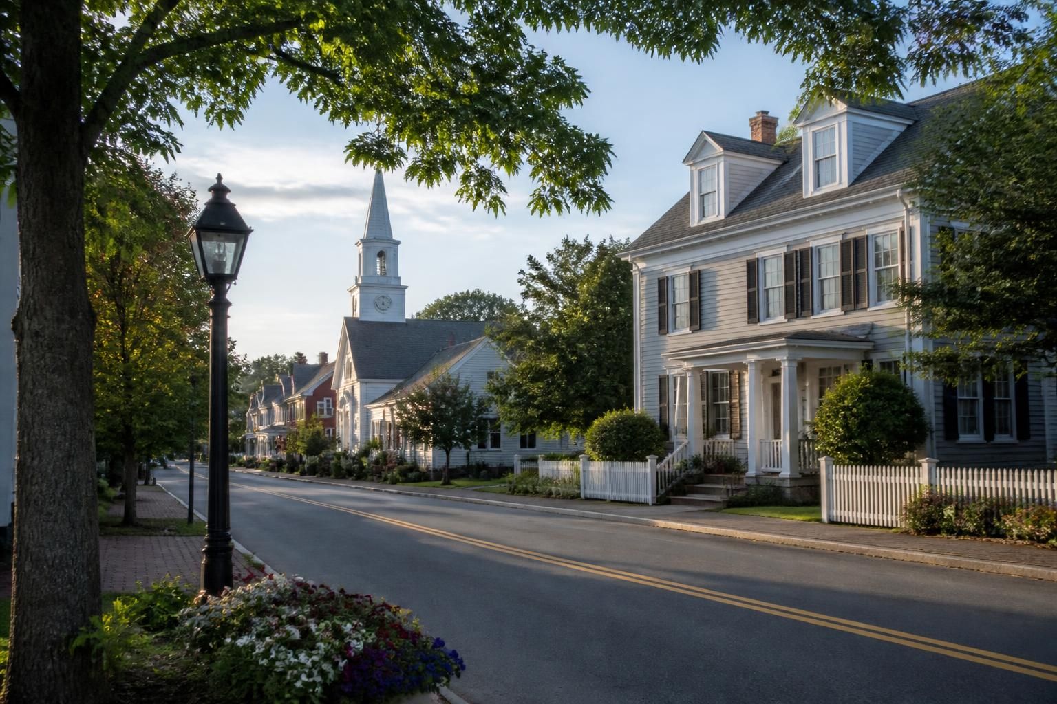 Small-town Massachusetts streetscape with attractive homes.