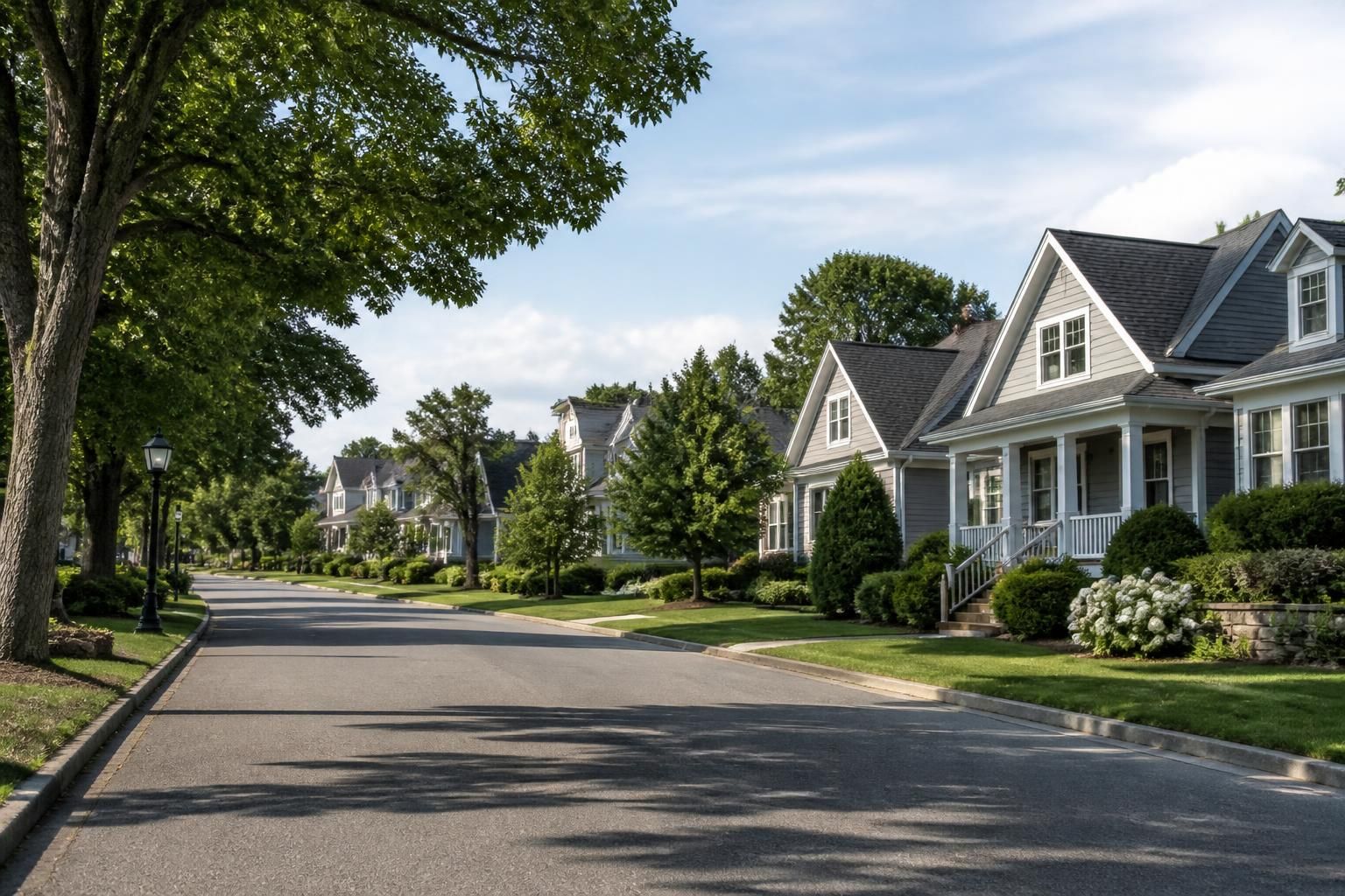 Well-kept suburban homes along a clean neighborhood roadway.
