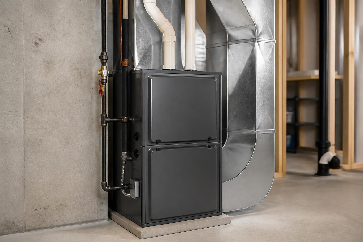 Newly installed furnace with organized duct connections.