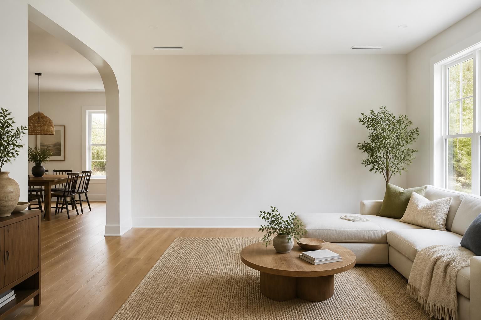 Bright home interior with clean vents and open space for text.