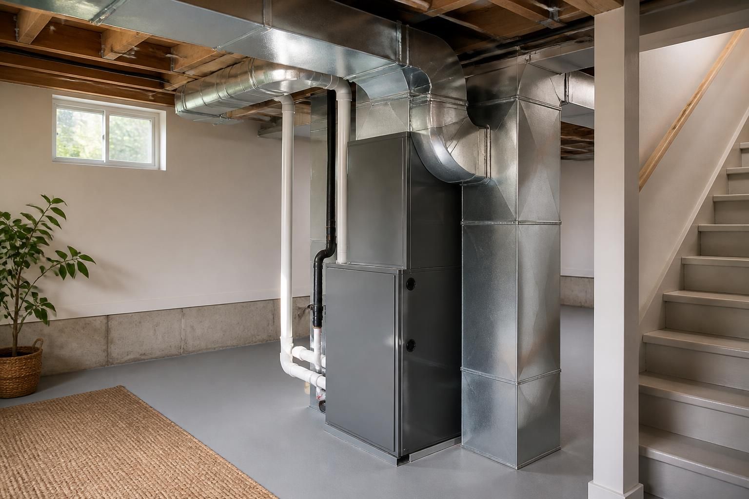 Clean air handler and upgraded ductwork in a tidy basement space.