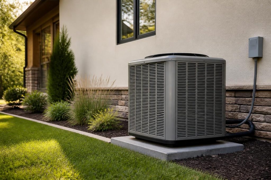 Modern home exterior with a clean air conditioning unit in natural daylight.
