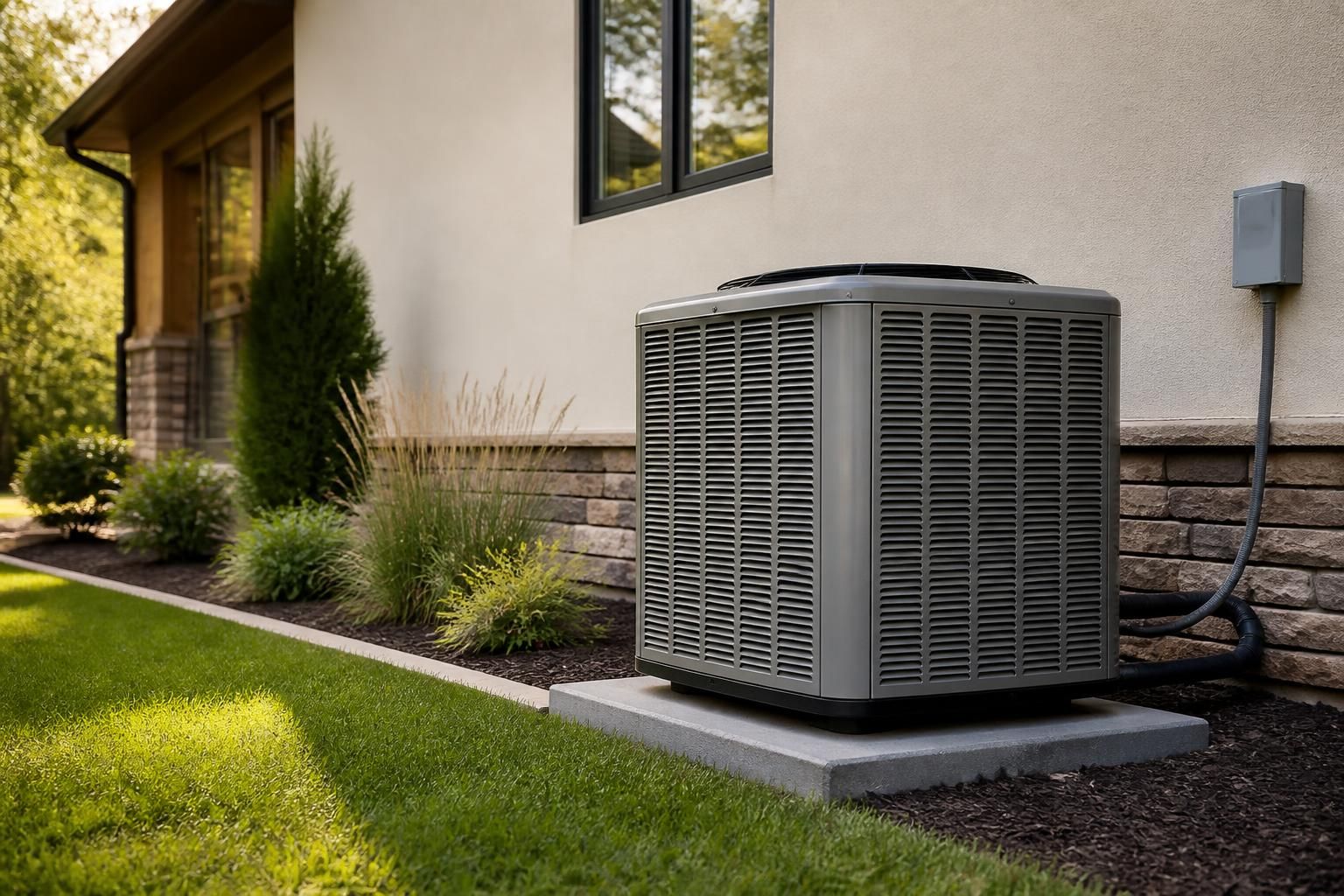 Modern home exterior with a clean air conditioning unit in natural daylight.
