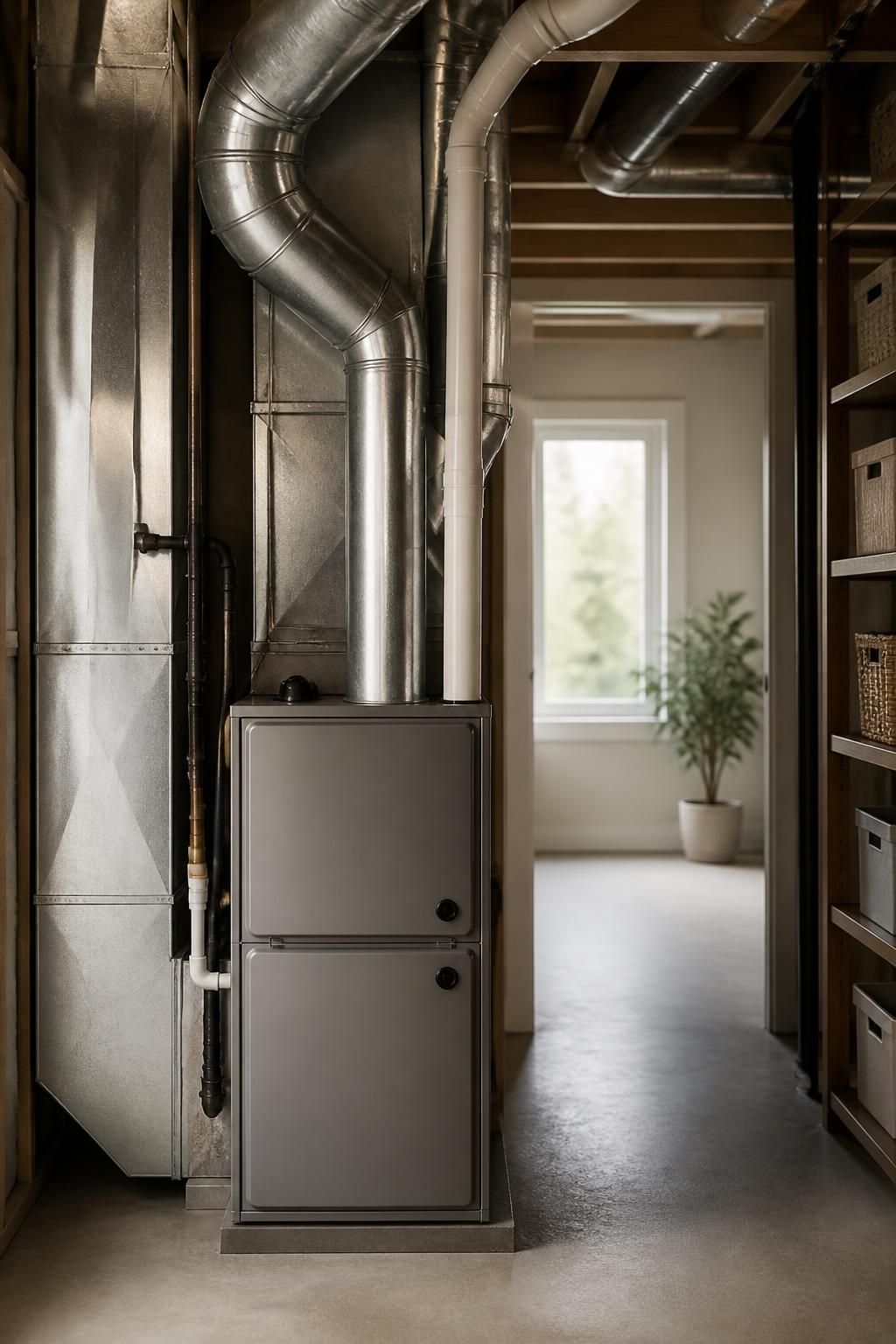 Neat mechanical room with a modern furnace and organized ductwork.