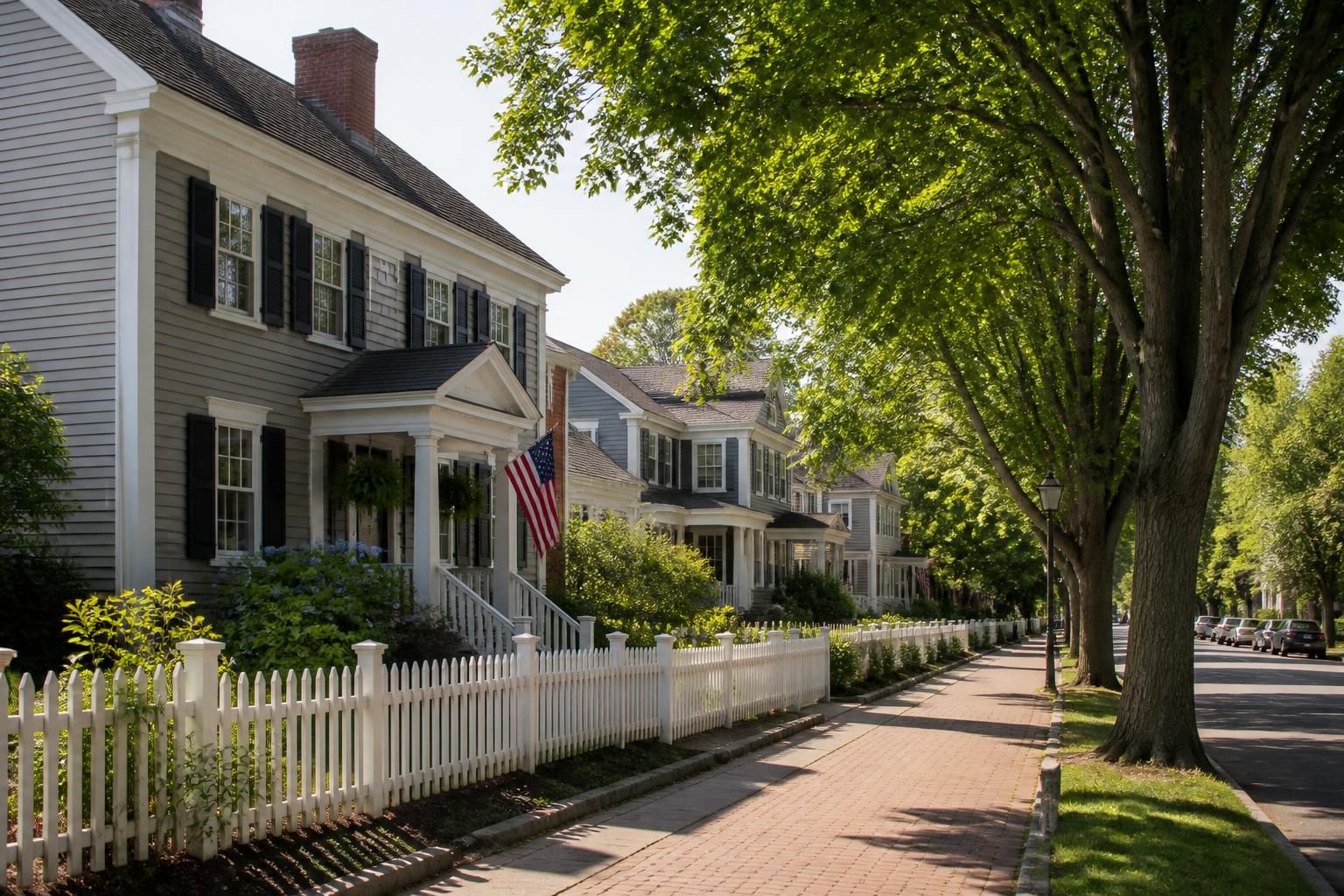 Attractive homes and sidewalks in a calm town neighborhood.