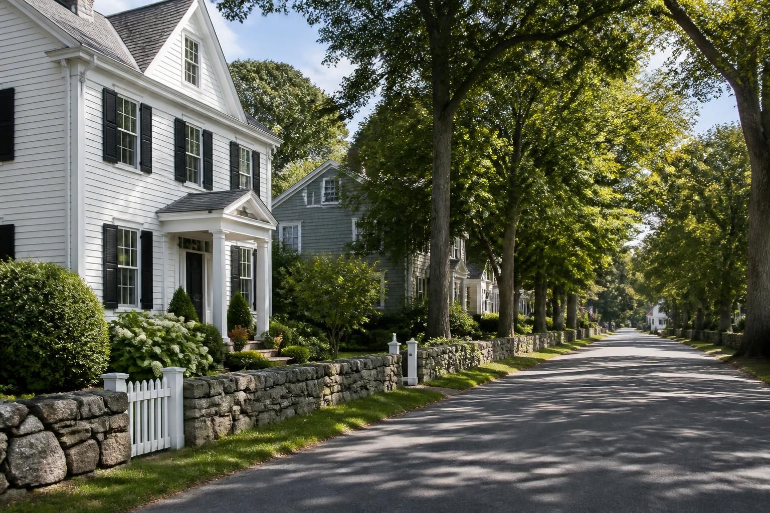 Tree-lined residential road with well-kept houses.