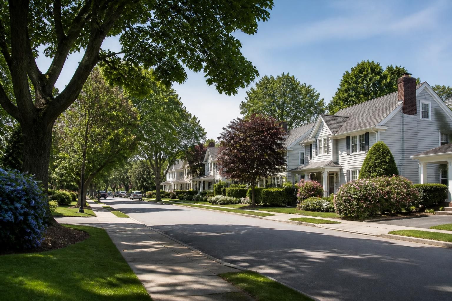 Quiet suburban street with greenery and tidy houses.