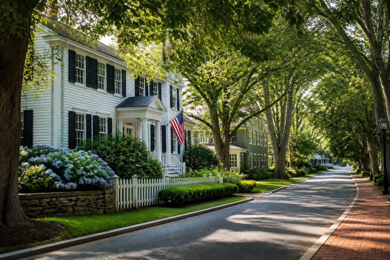 Peaceful New England street with classic homes and trees.